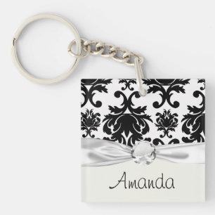 ornate formal black white damask keychain
