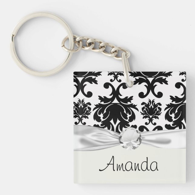 ornate formal black white damask keychain (Front)
