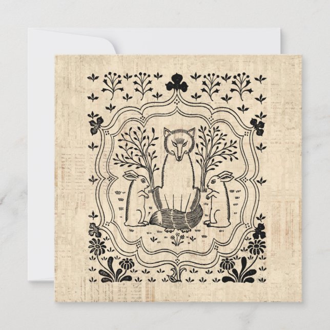 Ornate Fox and Bunny Rabbits Cute Animal Art Card (Front)