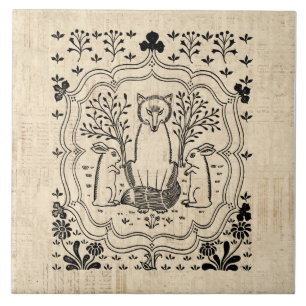 Ornate Fox and Bunny Rabbits Cute Animal Art Tile
