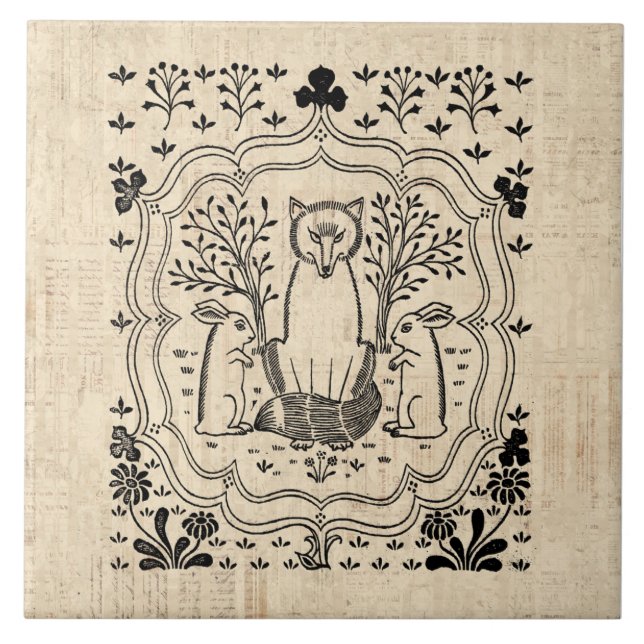 Ornate Fox and Bunny Rabbits Cute Animal Art Tile (Front)