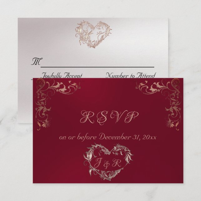 Ornate Frame & Heart - Burgundy/Rose Gold RSVP Card (Front/Back)