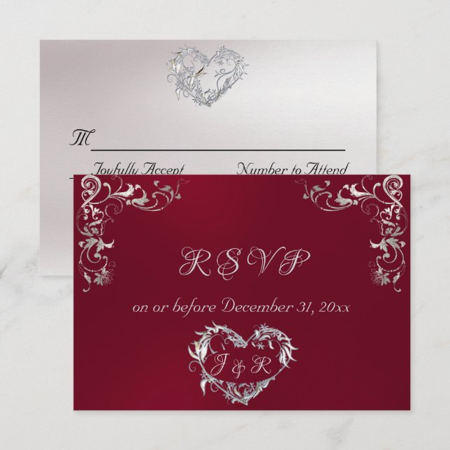 Ornate Frame & Heart - Burgundy/Silver RSVP Card (Front/Back)