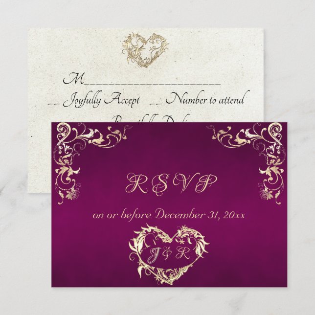 Ornate Frame & Heart - Plum RSVP Card (Front/Back)