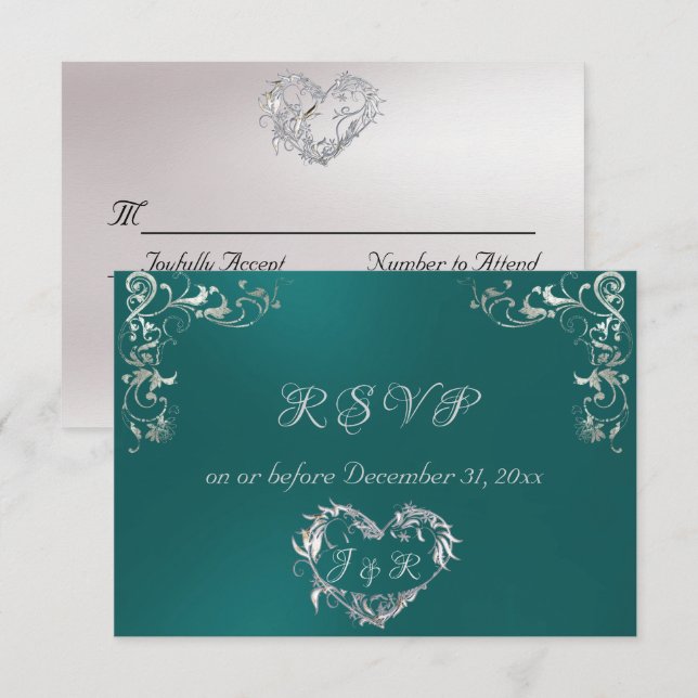 Ornate Frame & Heart - Teal/Silver RSVP Card (Front/Back)