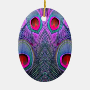 Ornate Fuchsia-Purple  Peacock Feathers GIFTS Ceramic Ornament
