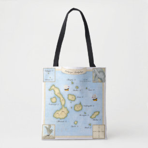 Ornate Galapagos Archipelago Map with Sailing Ship Tote Bag