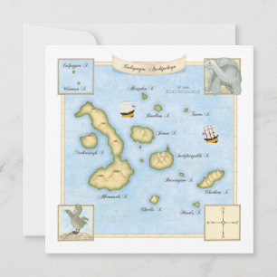 Ornate Galapagos Archipelago Map with Ships Card