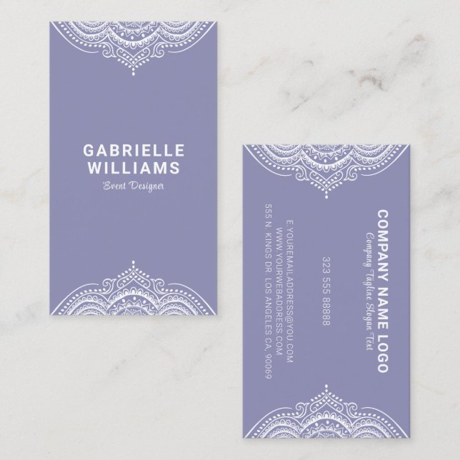 Ornate Girly White Lace Frame On Blue-Grey Business Card (Front/Back)