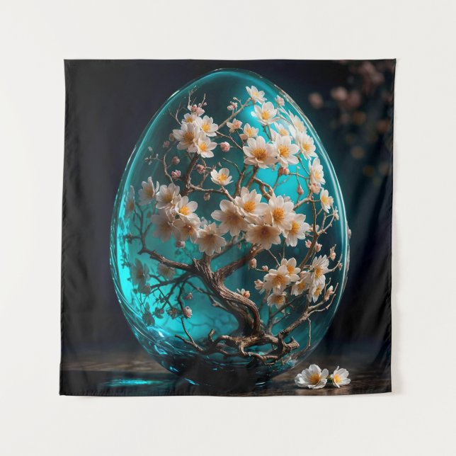 Ornate Glass Egg with Blooming Sakura Tree Tapestry (Front)