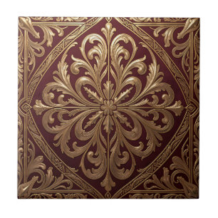 Ornate Gold Acanthus Pattern Deep Red Baroque Tile
