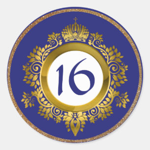 Ornate Gold and Blue Sweet 16 Birthday Stickers