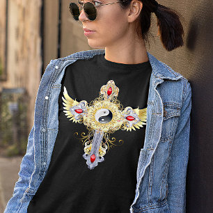 Ornate Gold and Silver Yin Yang Cross T-Shirt