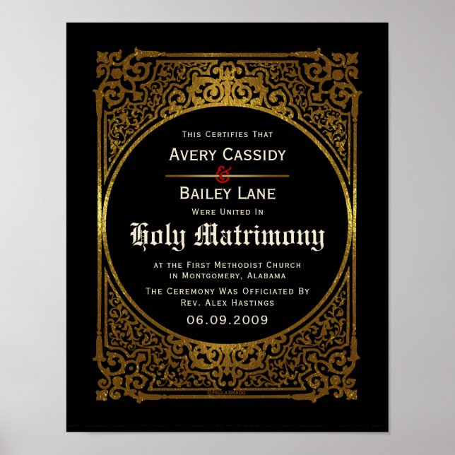 Ornate Gold Antique Alternative WeddingCertificate Poster (Front)