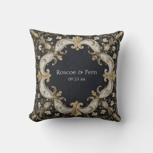 Ornate Gold Baroque Black Marble Royal Wedding Throw Pillow