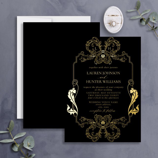 Ornate Gold Black Floral Line Art Monogram Wedding (Creator Uploaded)