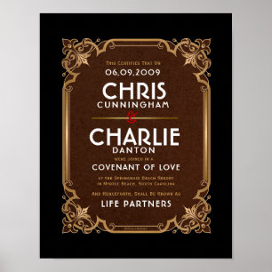 Ornate gold border black white wedding certificate poster