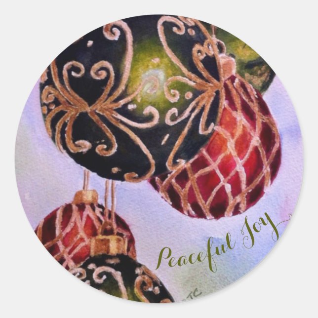 ORNATE GOLD CHRISTMAS ORNAMENTS PEACEFUL JOY CLASSIC ROUND STICKER (Front)