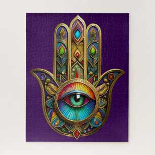 Ornate Gold Colorful Hamsa Green on Red Third Eye Jigsaw Puzzle