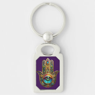 Ornate Gold Colorful Hamsa Green on Red Third Eye Keychain