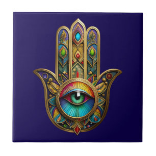 Ornate Gold Colorful Hamsa Green on Red Third Eye Tile