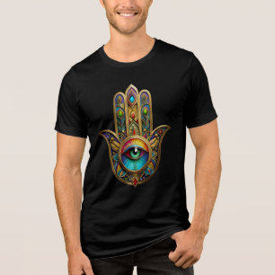 Ornate Gold Colorful Hamsa Green on Red Third Eye Tri-Blend Shirt
