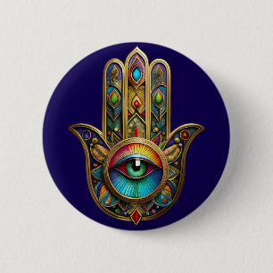 Ornate Gold Colourful Hamsa Green on Red Third Eye 2 Inch Round Button