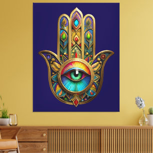 Ornate Gold Colourful Hamsa Green on Red Third Eye Canvas Print