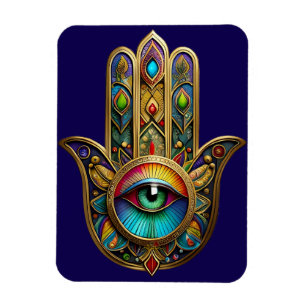 Ornate Gold Colourful Hamsa Green on Red Third Eye Magnet