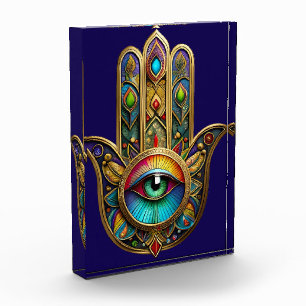 Ornate Gold Colourful Hamsa Green on Red Third Eye Photo Block