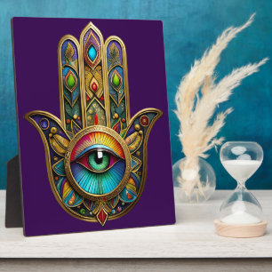 Ornate Gold Colourful Hamsa Green on Red Third Eye Plaque