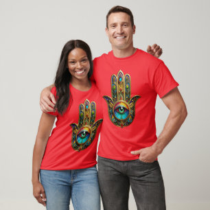 Ornate Gold Colourful Hamsa Green on Red Third Eye T-Shirt