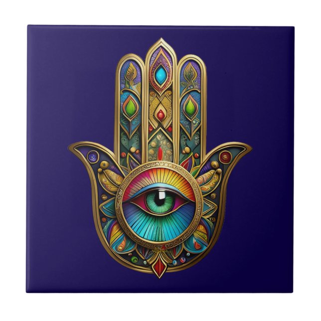 Ornate Gold Colourful Hamsa Green on Red Third Eye Tile (Front)