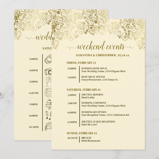 Ornate Gold & Cream Wedding Events & Timeline Program (Front/Back)