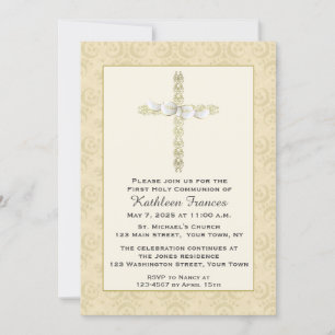 Ornate Gold Cross with Bow, Religious Invitation