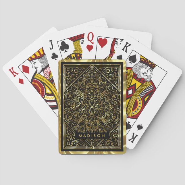 Ornate Gold Decorative Royal Ornament On Blac  Playing Cards (Back)