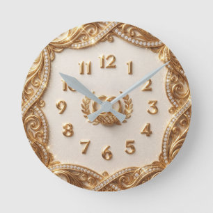 Ornate Gold Filigree Laurel & Interlocking Rings Round Clock