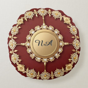 Ornate Gold Floral Design Round Pillow