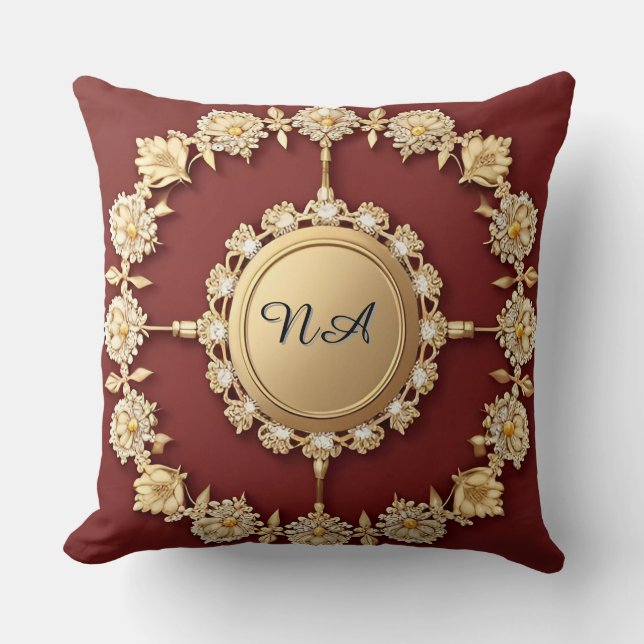 Ornate Gold Floral Design Throw Pillow (Front)