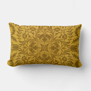 Ornate gold floral pattern with symmetrical lumbar pillow