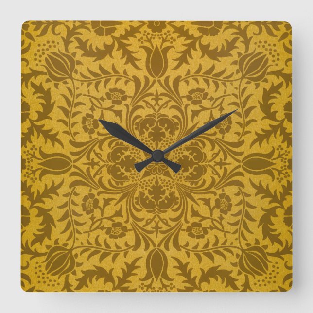 Ornate gold floral pattern with symmetrical square wall clock (Front)