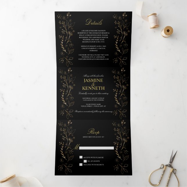 Ornate Gold Floral Swirls on Black Wedding Tri-Fold Invitation (Inside)
