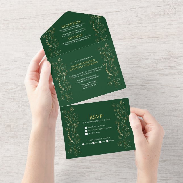 Ornate Gold Floral Swirls on Dark Green Wedding | All In One Invitation (Tearaway)