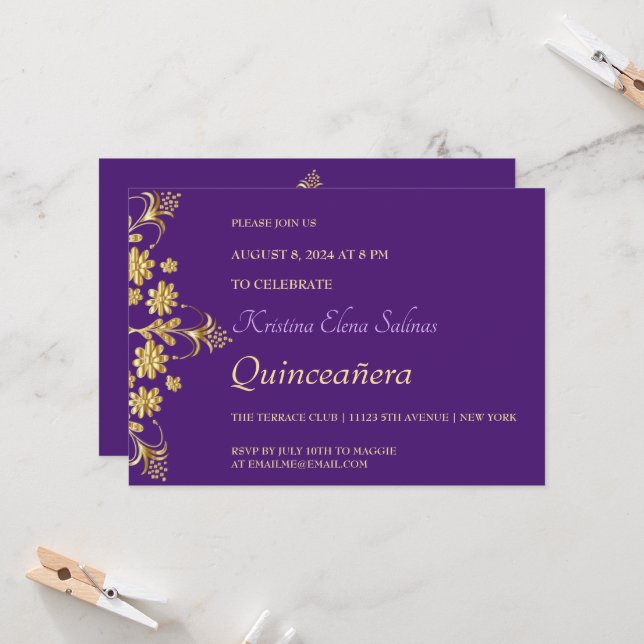 Ornate Gold Flowers Party Invitation (Front/Back In Situ)