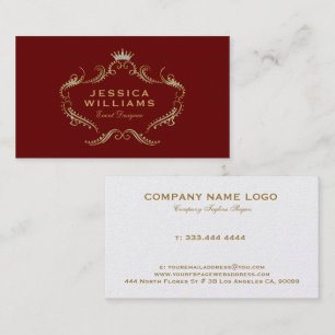 Ornate gold frame, dark red and white background business card