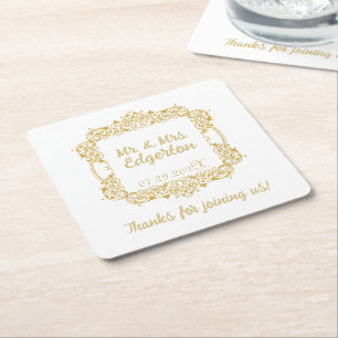 Ornate Gold Frame Wedding Personalized Square Paper Coaster