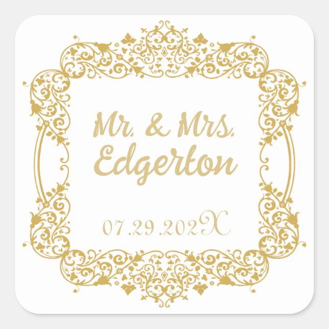Ornate Gold Frame Wedding Square Sticker (Front)