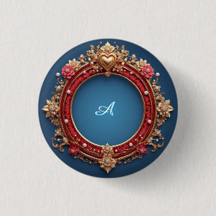 Ornate Gold Frame With Heart Gem 1 Inch Round Button