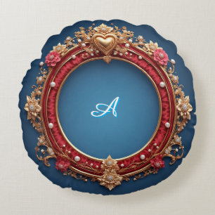 Ornate Gold Frame With Heart Gem Round Pillow