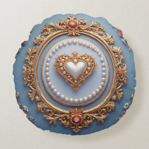 Ornate Gold Frame With Heart Gem Round Pillow